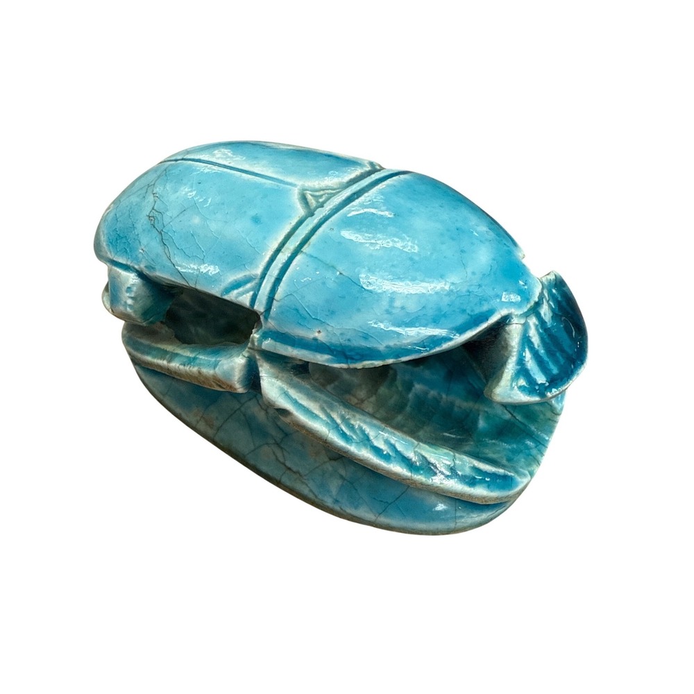 Egyptian Style Scarab Blue Faience Amulet With Detailed Carving